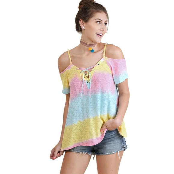 Umgee Tops - Umgee Lace Up Cold Shoulder Color Block Top, Lemon Mix